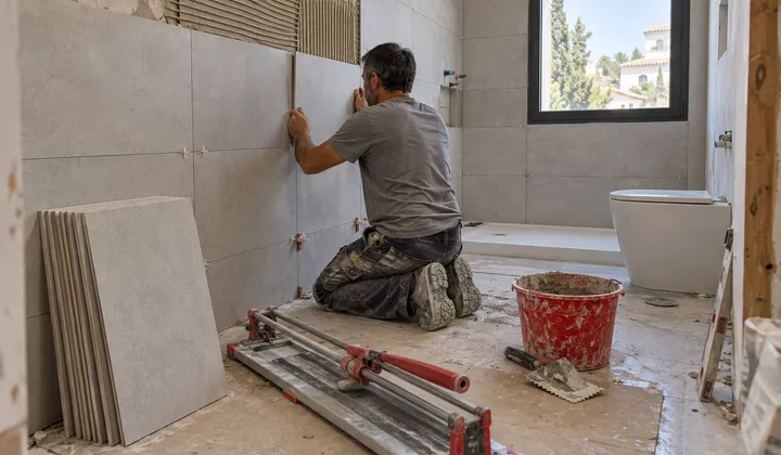 Alicatador colocando azulejo porcelánico de gran formato en la pared de un baño en reforma, con llana de cemento cola y piezas recortadas sobre el suelo