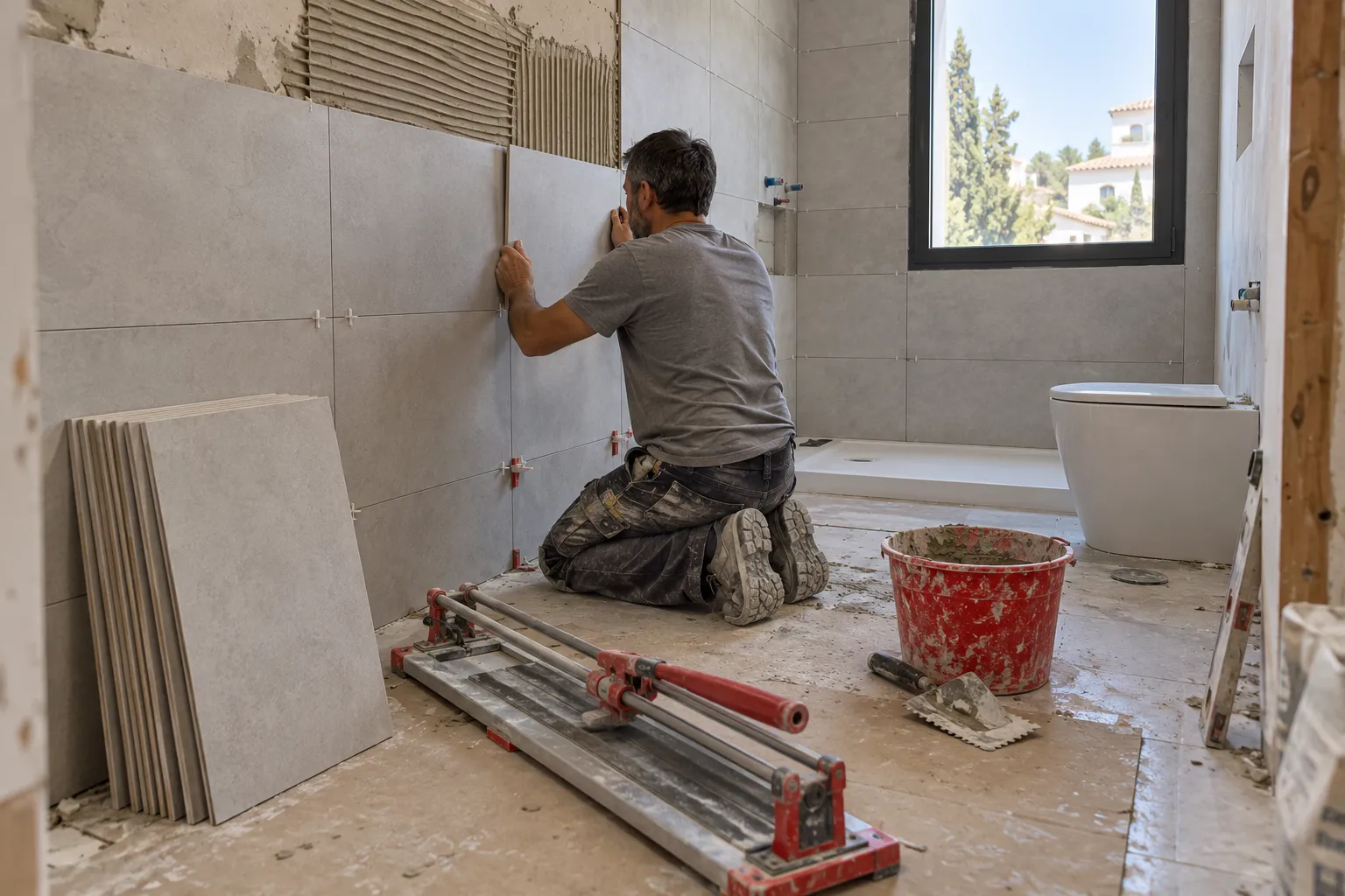 Alicatador colocando azulejo porcelánico de gran formato en la pared de un baño en reforma, con llana de cemento cola y piezas recortadas sobre el suelo