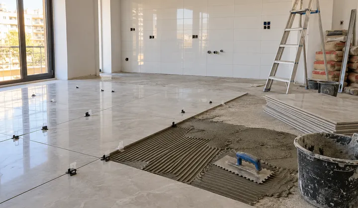 Albañil colocando porcelánico rectificado sobre mortero en una vivienda en reforma, con herramienta de corte y piezas de azulejo apiladas