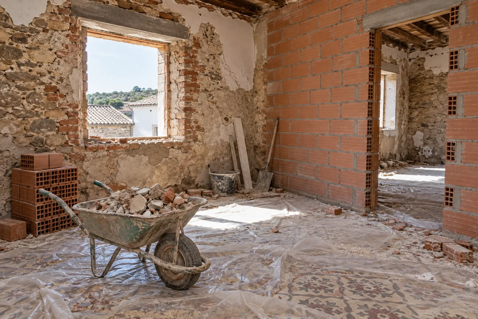 Interior de una casa antigua en rehabilitación: carretilla con escombro, ladrillos apilados, tabique nuevo de ladrillo hueco y suelo hidráulico protegido con plástico