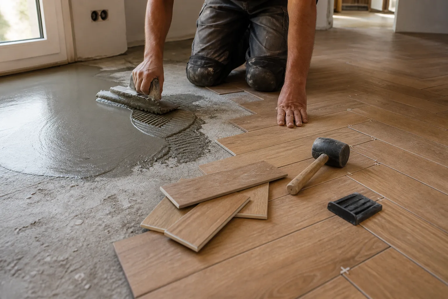 Colocación de suelo porcelánico efecto madera en una vivienda en reforma, con mortero extendido y piezas listas para instalar